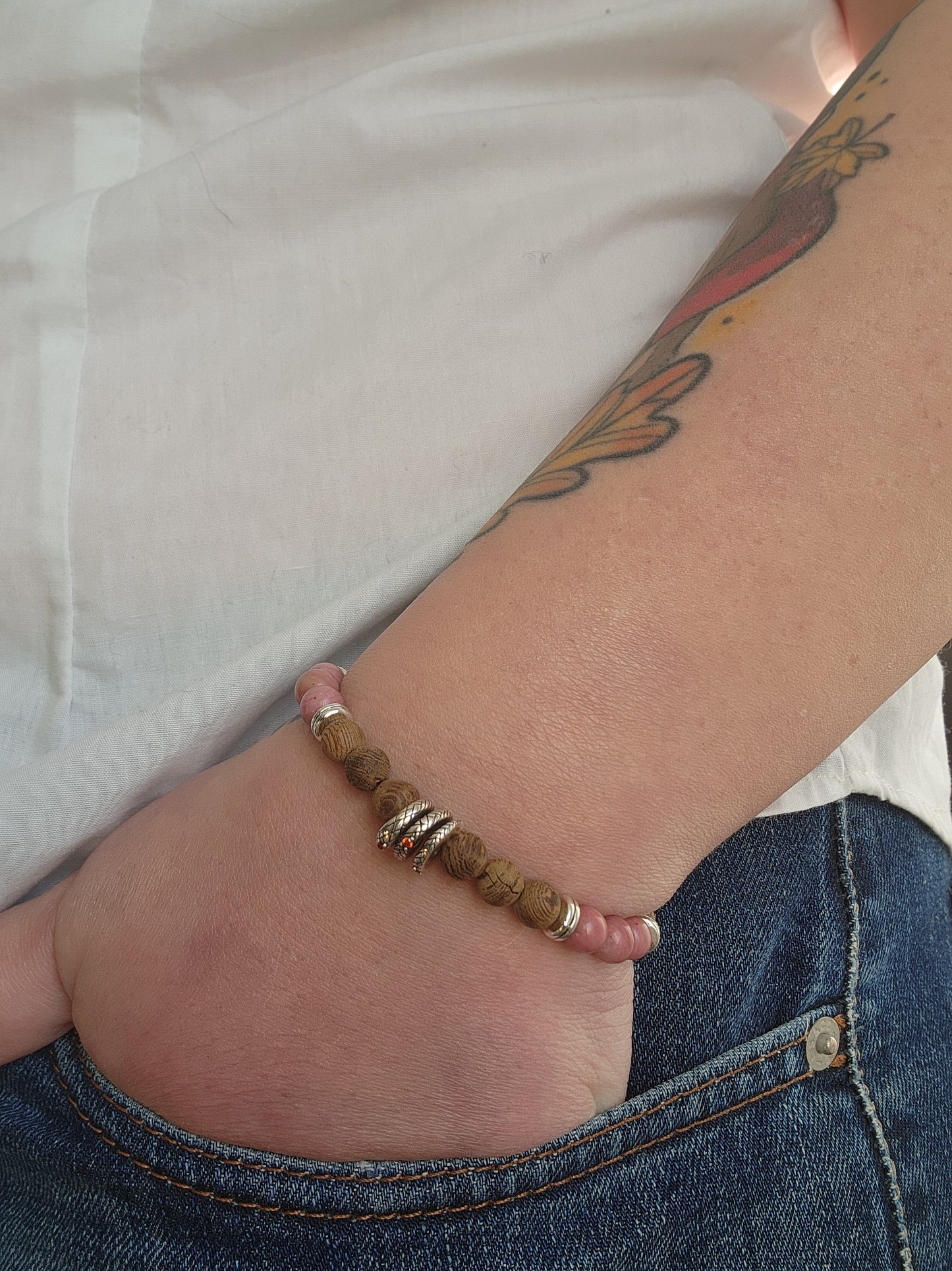 S925 Silver Snake Bracelet – Natural Wood and Rhodochrosite