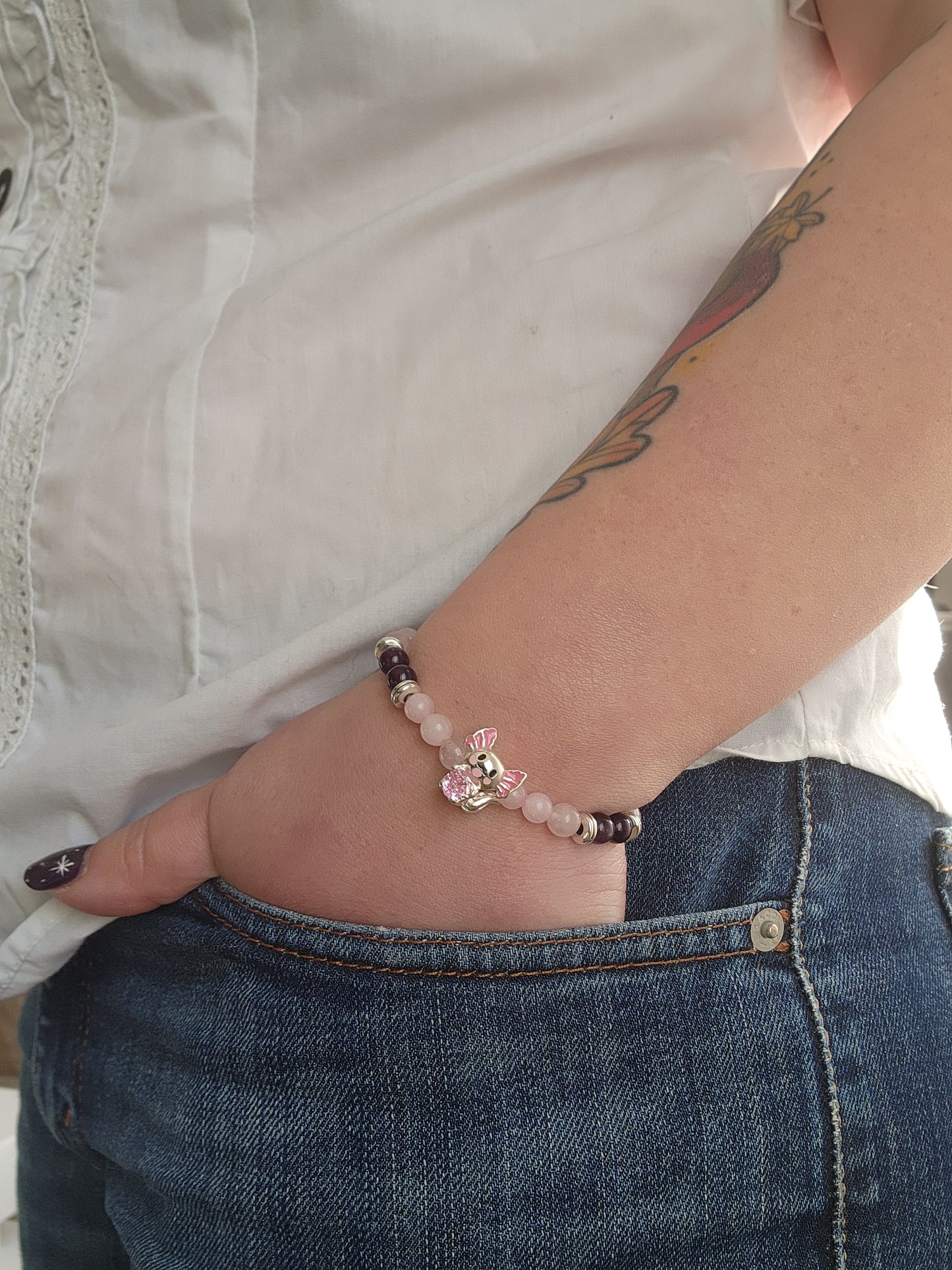 Axolotl Bracelet in S925 Silver – Rose Quartz & Uruguayan Amethyst