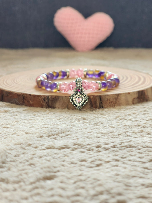 Bracelet Kawaii Cœur en Argent S925 – Amétrine & Cristal Rose Craquelé