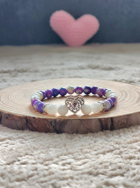 Bracelet Cœur en Argent S925 – Jaspe Violette & Pierre de Lune