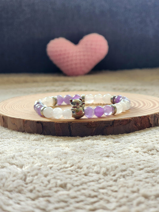 Bracelet Manekineko en Argent S925 et Pierres Fines - Améthyste & Quartz Rose
