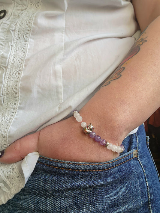 Bracelet Manekineko en Argent S925 et Pierres Fines - Améthyste & Quartz Rose