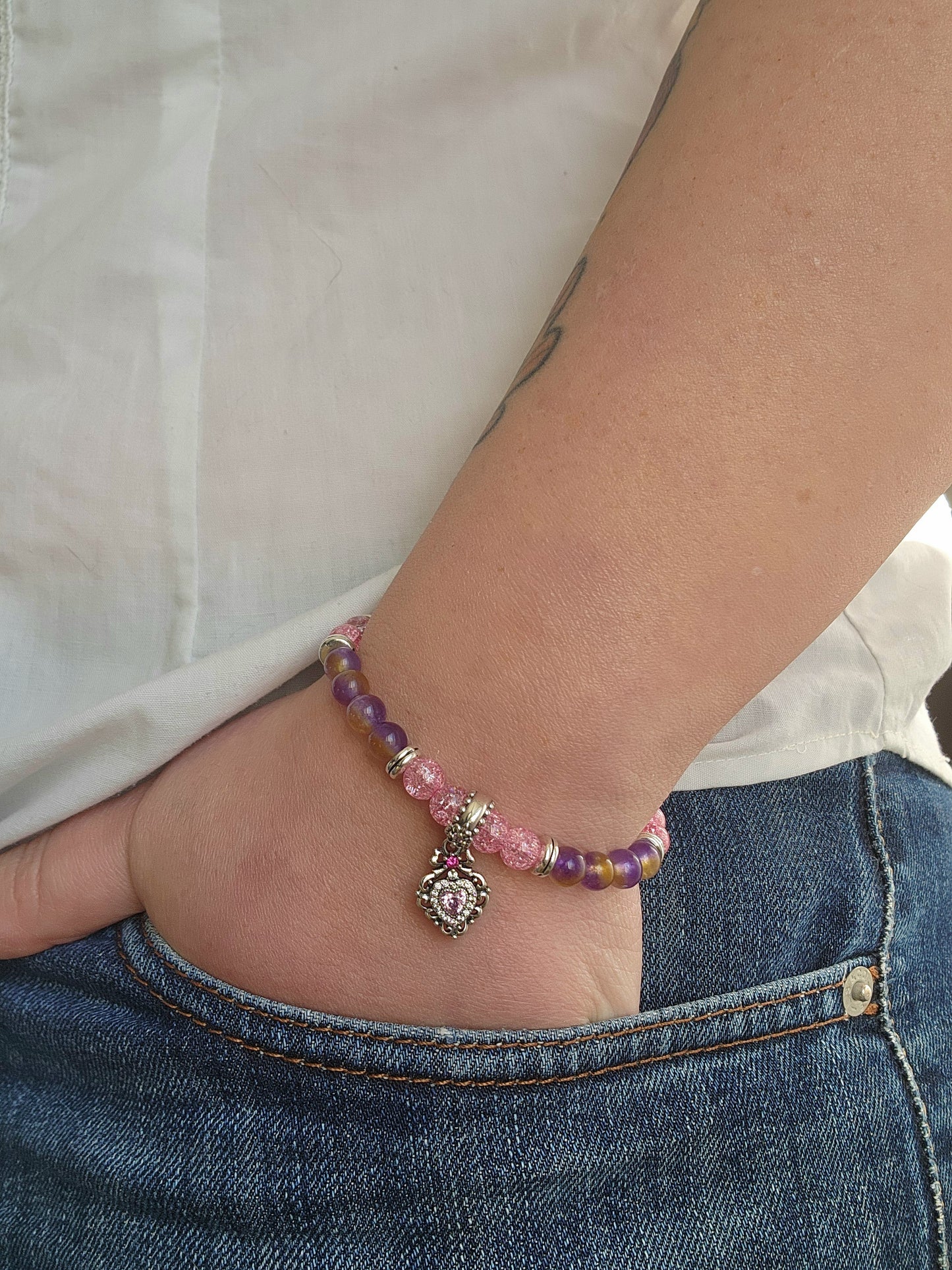 Bracelet Kawaii Cœur en Argent S925 – Amétrine & Cristal Rose Craquelé