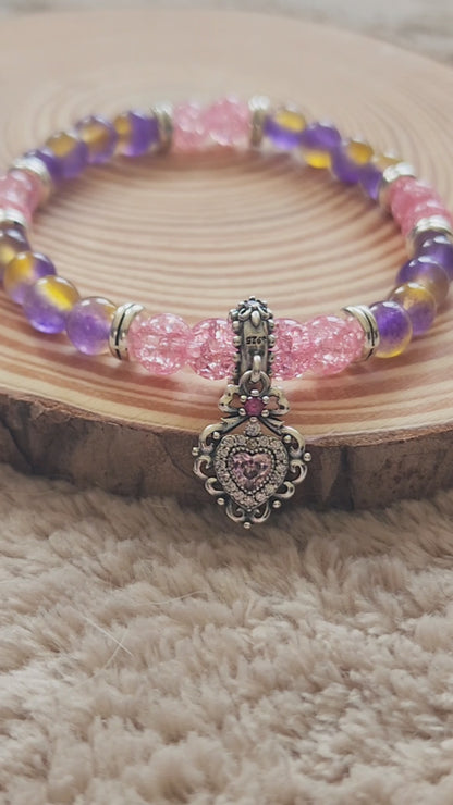 Bracelet Kawaii Cœur en Argent S925 – Amétrine & Cristal Rose Craquelé