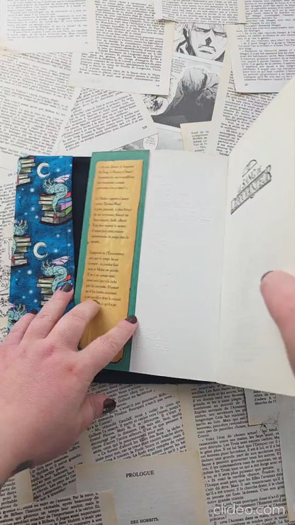 vidéo du couvre-livre ajustable et artisanal en tissu coton, motif dragon, fantasy, gardien des livres, fabrication fait main, bellette workshop